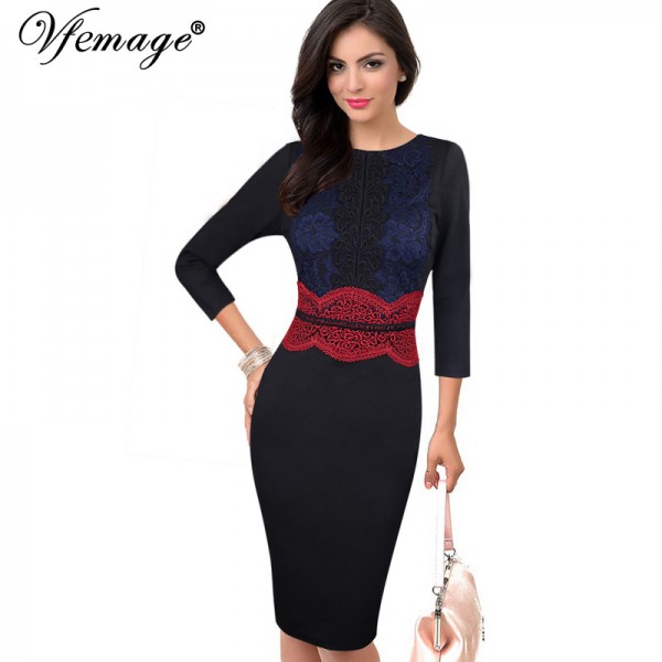 Vfemage Womens Elegant Vintage Crochet Lace Slim Tunic Charming Casual Work Party Pencil Sheath Vestidos Bodycon Dress 4305