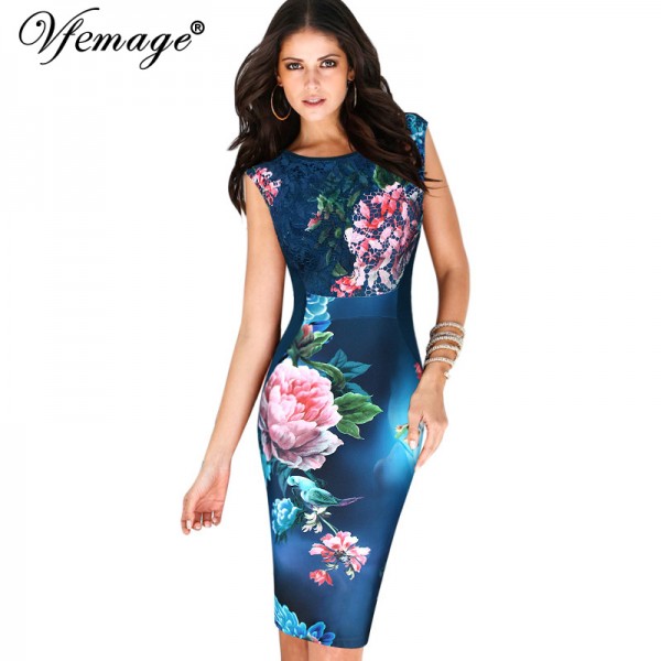 Vfemage Womens Elegant Vintage Floral Flower Lace Tunic Slim Casual Office Party Special Occasion Sheath Bodycon Dress 4009