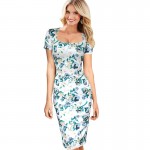 Vfemage Womens Elegant Vintage Floral Flower Print Square Neck Pinup Casual Party Casual Pencil Sheath Summer Dress 2023