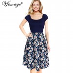 Vfemage Womens Elegant Vintage Floral Flower Print Tunic Work Office Casual Fit and Flare Party A-Line Skater Dress 2525