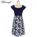 Vfemage Womens Elegant Vintage Floral Flower Print Tunic Work Office Casual Fit and Flare Party A-Line Skater Dress 2525