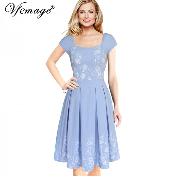 Vfemage Womens Elegant Vintage Floral Flower Print Tunic Work Office Casual Fit and Flare Party A-Line Skater Dress 2525