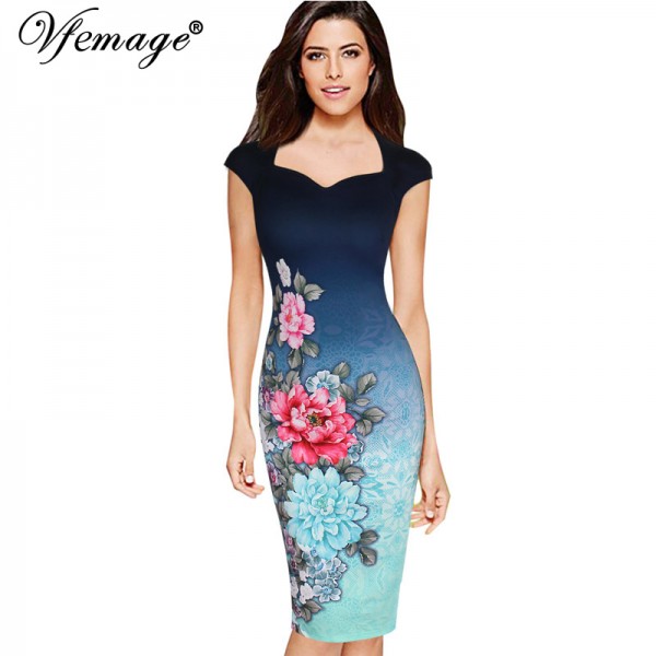 Vfemage Womens Elegant Vintage Floral Print Charming Pinup Cap Sleeve Casual Party Evening Vestidos Pencil Sheath Dress 3013