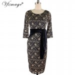 Vfemage Womens Elegant Vintage Lace Flower Print Belted Tunic Casual Party Pencil Sheath Dress 4255