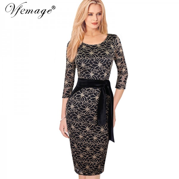 Vfemage Womens Elegant Vintage Lace Flower Print Belted Tunic Casual Party Pencil Sheath Dress 4255