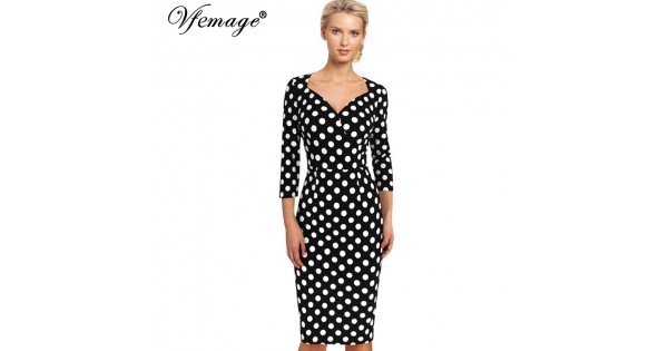 Vfemage Womens Elegant Vintage Polka Dot Rockabilly Tunic Slim Wear To Work Office Casual Party 8875