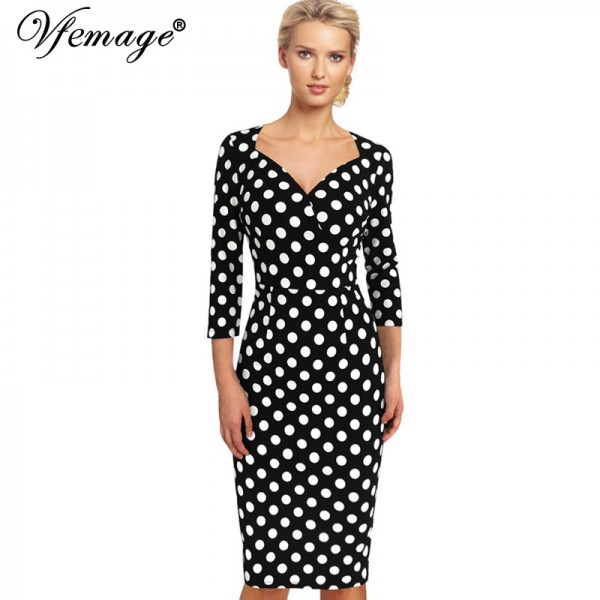 Vfemage Womens Elegant Vintage Polka Dot Rockabilly Tunic Slim Wear to Work Office Casual Party Fitted Bodycon Dress 3945