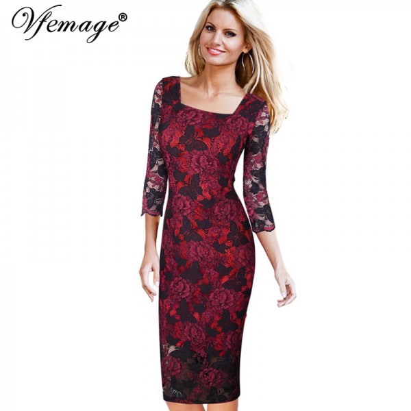 Vfemage Womens Elegant Vintage Printed Square Neck Casual Party Special Occasion Pencil Sheath Dress 4463