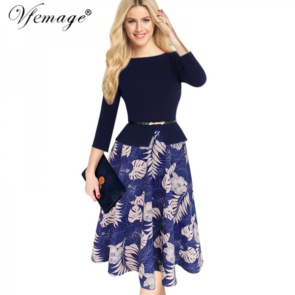 Vfemage Womens Elegant Vintage Slim Tunic Belted 2017 Spring Summer Casual Wear To Work Office Bodycon A-line Skater Dress 4180