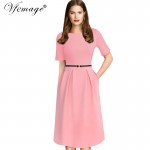 Vfemage Womens Elegant Vintage Summer Polka Dot Belted Tunic Pinup Wear To Work Office Casual Party A Line Skater Dress 2127