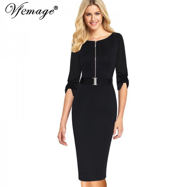 Vfemage Womens Elegant Zipper Vintage Belted 2017 Spring Summer Casual Wear To Work Office Bodycon Pencil Sheath Dress 4825