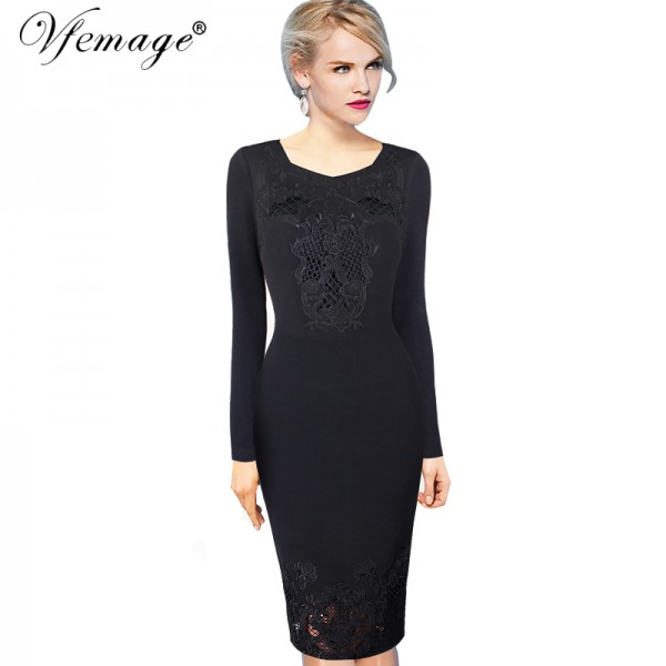 Vfemage Womens Embroidery Elegant Vintage Embroidered Casual Long Sleeve Wear To Work Office Party Pencil Bodycon Dress 4612