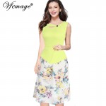 Vfemage Womens Floral Print Patchwork Button Sleeveless Casual Party Work Bodycon Skater A-Line Summer office Dress 3155