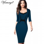 Vfemage Womens Mature Elegant Casual Work Patchwork 3/4 Sleeve Square Neck Bodycon Women Office Wear to work Pencil Dress 4433