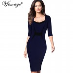 Vfemage Womens Mature Elegant Casual Work Patchwork 3/4 Sleeve Square Neck Bodycon Women Office Wear to work Pencil Dress 4433