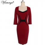 Vfemage Womens Mature Elegant Casual Work Patchwork 3/4 Sleeve Square Neck Bodycon Women Office Wear to work Pencil Dress 4433