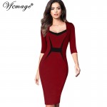 Vfemage Womens Mature Elegant Casual Work Patchwork 3/4 Sleeve Square Neck Bodycon Women Office Wear to work Pencil Dress 4433