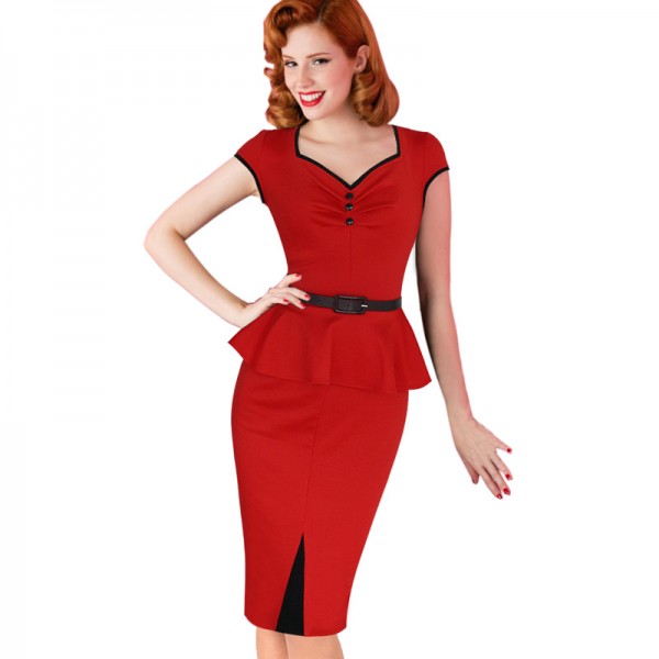 Vfemage Womens Peplum Vintage Rockabilly Retro Ruched Button Cap Sleeve Belted Slim Work Casual Party Bodycon Fitted Dress 2051