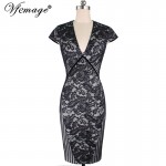 Vfemage Womens Sexy Deep V Elegant Floral Lace Stripe Mesh Work Party Evening Mother of Bride Casual Vintage Bodycon Dress 4449