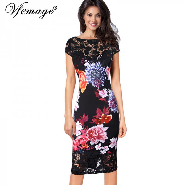 Vfemage Womens Sexy Elegant See Through Crochet Flower Print Casual Party Evening Special Occasion Mid-Calf Midi Dress 4333