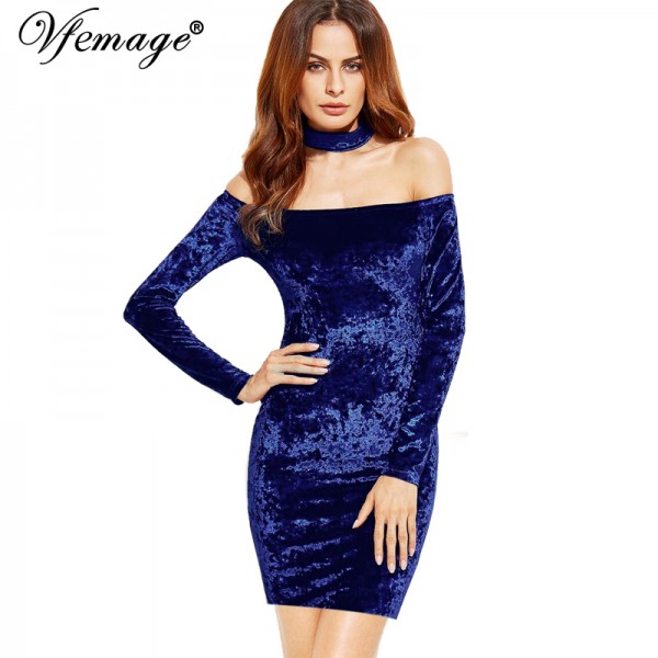 Vfemage Womens Sexy Off Shoulder Autumn Fall Winter Velvet Slash Neck Party Club Pencil Sheath Vestidos Bodycon Mini Dress 4557