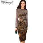 Vfemage Womens Sexy See Through Mesh Leopard Patchwork Long Sleeve Casual Party Club Clubwear Pencil Sheath Dress 4436