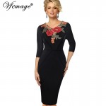 Vfemage Womens Stylish Elegant Applique embroidery Crochet V-neck Work Office Bodycon Female 3/4 Sleeve Sheath Party Dress 4241