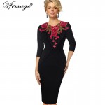 Vfemage Womens Stylish Elegant Applique embroidery Crochet V-neck Work Office Bodycon Female 3/4 Sleeve Sheath Party Dress 4241