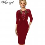 Vfemage Womens Stylish Elegant Applique embroidery Crochet V-neck Work Office Bodycon Female 3/4 Sleeve Sheath Party Dress 4241