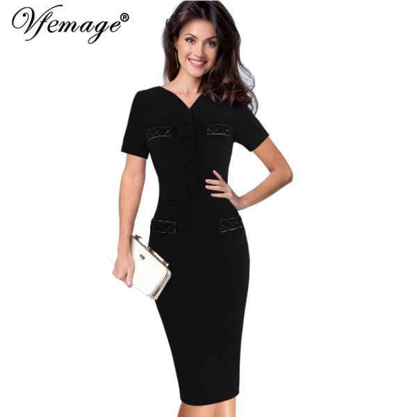 Vfemage Womens Summer Elegant Slim Tunic Button Vintage Casual Wear To Work Business Office Pencil Sheath Bodycon Dress 4487