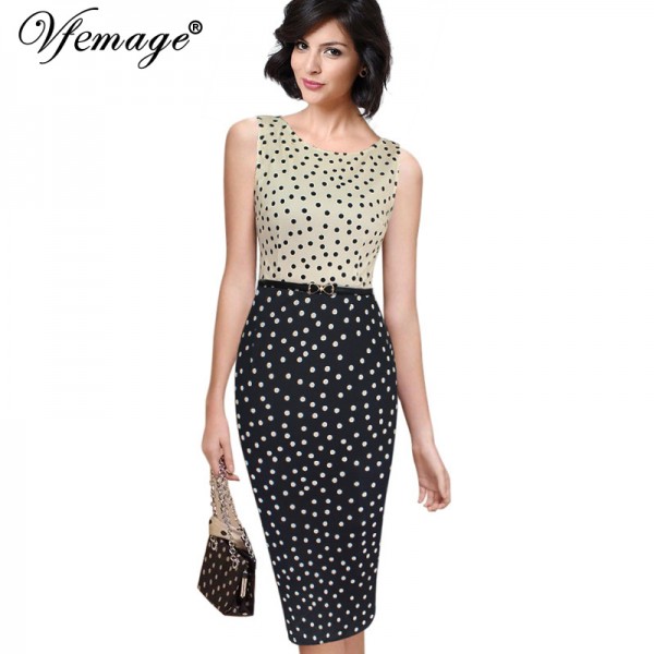 Vfemage Womens Summer Elegant Vintage Polka Dot Contrast Belted Patchwork Casual Wear To Work Office Sheath Pencil Dress 2850