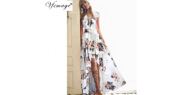 Vfemage Womens Summer Ruffle Lace Up Sexy V Neck High Low A Line Chiffon Casual Beach Party Club 0264