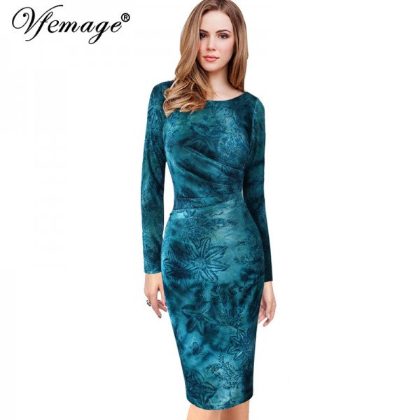 Vfemage Womens Velvet Elegant Vintage Winter Spring Floral  Ruched Ruffle Work Casual Party Sheath Fitted Bodycon Dress 4703