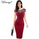 Vfemage Womens embroidery Elegant Vintage Dobby fabric Hollow out embroidered Ruched Pencil Bodycon Evening  Party Dress 3543