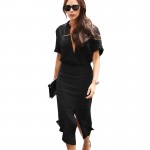 Victoria Beckham Dress 2017 Runway Dress High Quality  Women Short Sleeve V-neck Split Pencil Dress Black Red SAD305