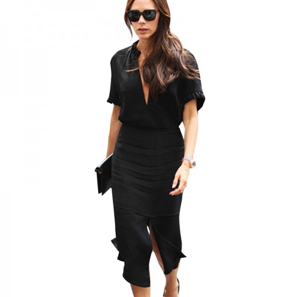 Victoria Beckham Dress 2017 Runway Dress High Quality  Women Short Sleeve V-neck Split Pencil Dress Black Red SAD305