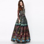 Vintage 2017 Winter Long Sleeves Elegant Empire Ball Gown Temperamental Slim Retro Print Floor-Length Dress Women Maxi