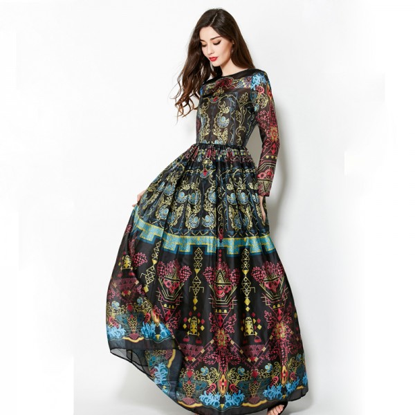 Vintage 2017 Winter Long Sleeves Elegant Empire Ball Gown Temperamental Slim Retro Print Floor-Length Dress Women Maxi