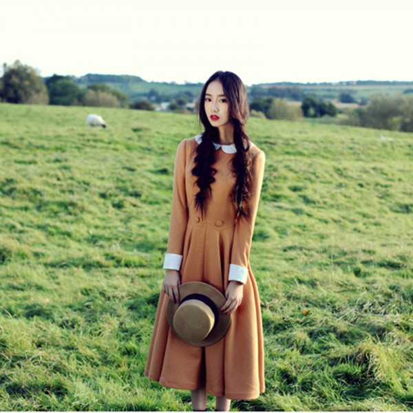 Vintage 50s 60s Preppy Style Long Dress Peter Pan Collar Long Sleeve Women Empire Dresses Female Vestidos Fladas Autumn Winter