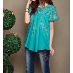 Vintage 70s SCALLOP Mexican Ethnic Embroidery Summer Women Dress BOHO Hippie Blouse Mini Dresses Women Tops Vestidos Femininos