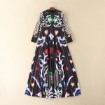 Vintage Casual 2017 Spring Summer New Women Black Print Slim Long Sleeve Elegant Pleated Dress