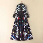 Vintage Casual 2017 Spring Summer New Women Black Print Slim Long Sleeve Elegant Pleated Dress