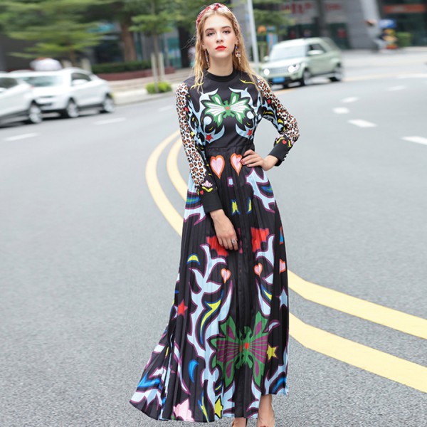 Vintage Casual 2017 Spring Summer New Women Black Print Slim Long Sleeve Elegant Pleated Dress