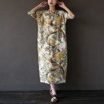 Vintage Chinese style Flower print Women Long Dress Cotton Linen Loose Casual Summer Maxi Dress Brand Design Robe Femme A037