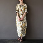 Vintage Chinese style Flower print Women Long Dress Cotton Linen Loose Casual Summer Maxi Dress Brand Design Robe Femme A037