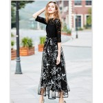 Vintage Elegant Dress 2017 Spring Mesh Patchwork Hollow Out Stand Collar Sashes Collect Waist Large Swing Women Long Dress