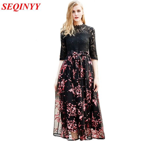 Vintage Elegant Dress 2017 Spring Mesh Patchwork Hollow Out Stand Collar Sashes Collect Waist Large Swing Women Long Dress