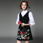 Vintage Floral Embroidery Dress Women Contrast Spliced Mini Dresses Spring S to 4xl 5xl