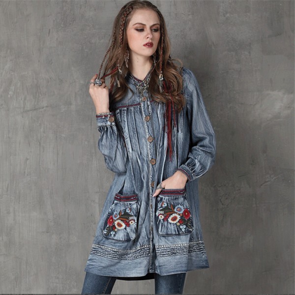 Vintage Floral Embroidery Women Dress Cotton&Linen Loose Stand Collar Dress Denim Womens Long Sleeve Dresses Vestidos Femininos 