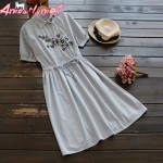 Vintage Flower Embroidery Lacing Waist Cotton Linen Dress Mori Girl 2018 summer Women Dress New Style vestidos femininos